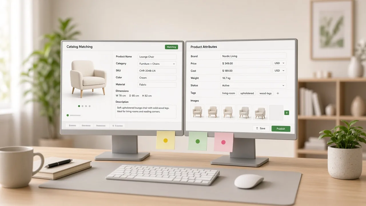 Catalog mapping workspace with product photos and attribute fields