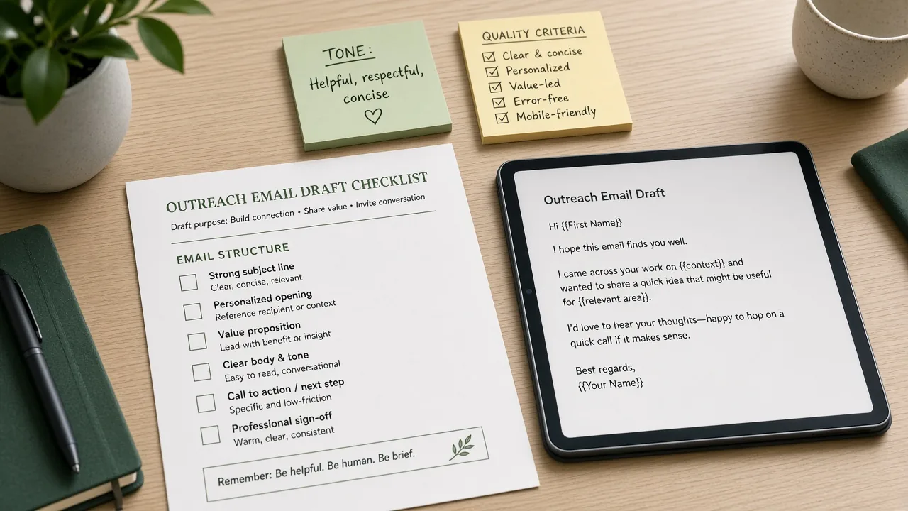 Outreach checklist and notes beside a tablet on a desk