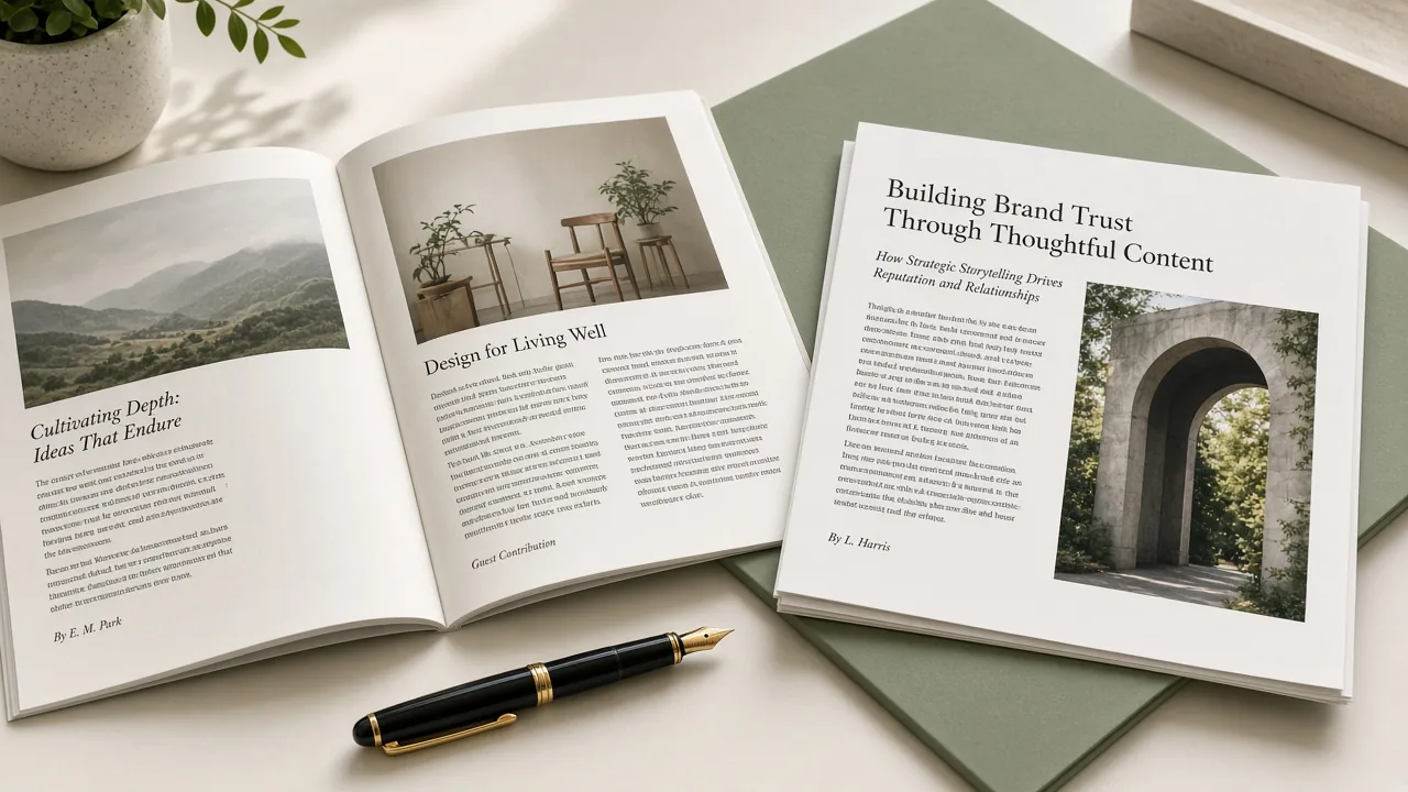 Magazine and article pages suggesting editorial placements