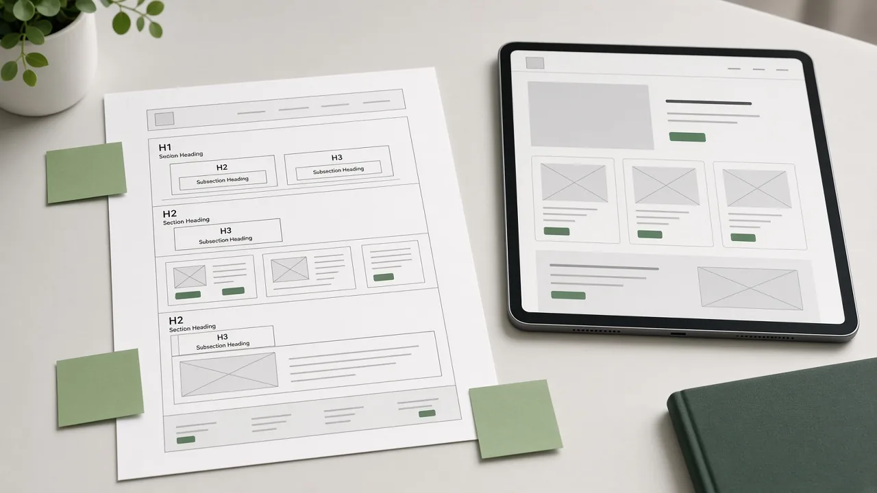 Printed wireframe pages showing heading hierarchy outlines