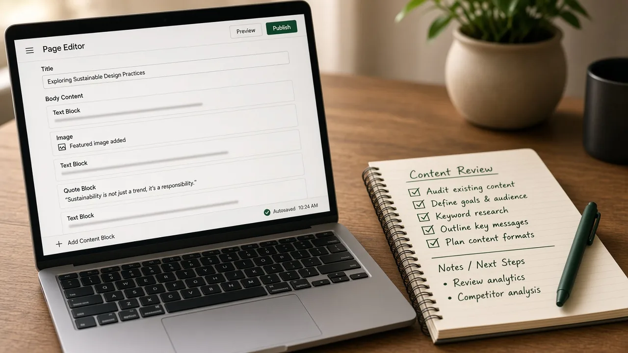 CMS page editor and content checklist on a desk