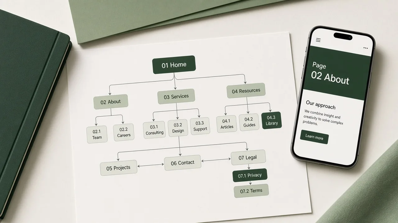 Printed sitemap diagram showing internal page connections