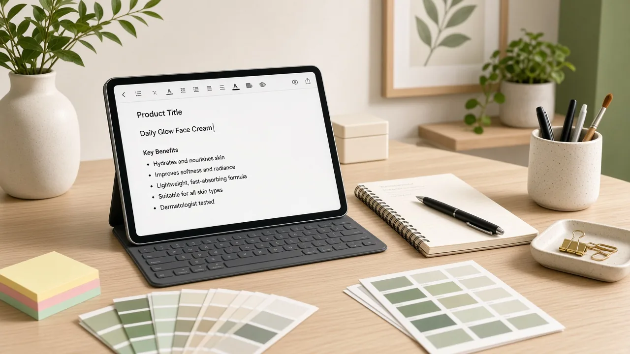 Merchandiser editing product titles and bullet points on a tablet