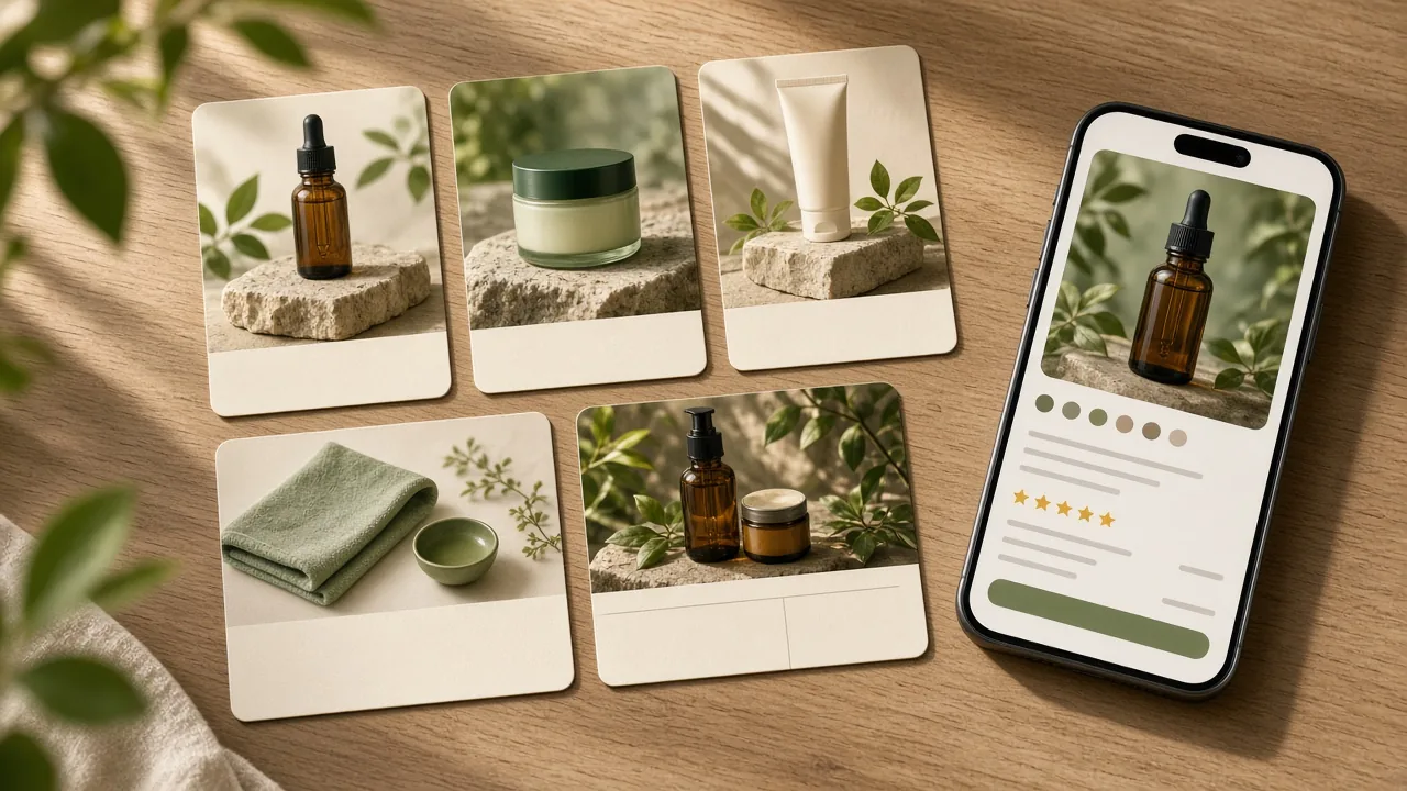 Optimized product listing mockups beside a smartphone store listing