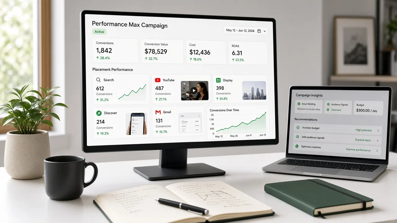 Cross-channel paid media planning board with budget and performance notes