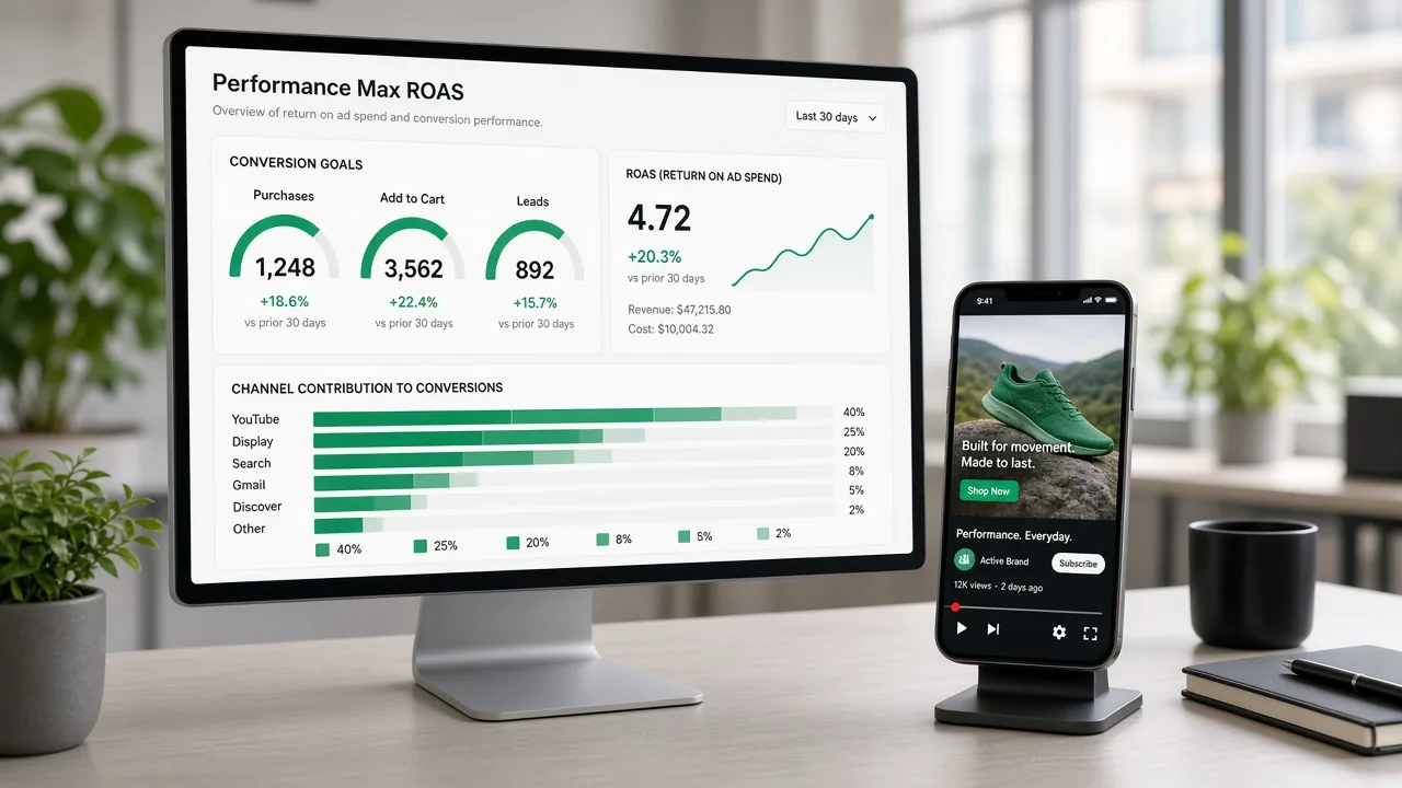 Desktop and phone showing Performance Max conversion goals and channel contribution