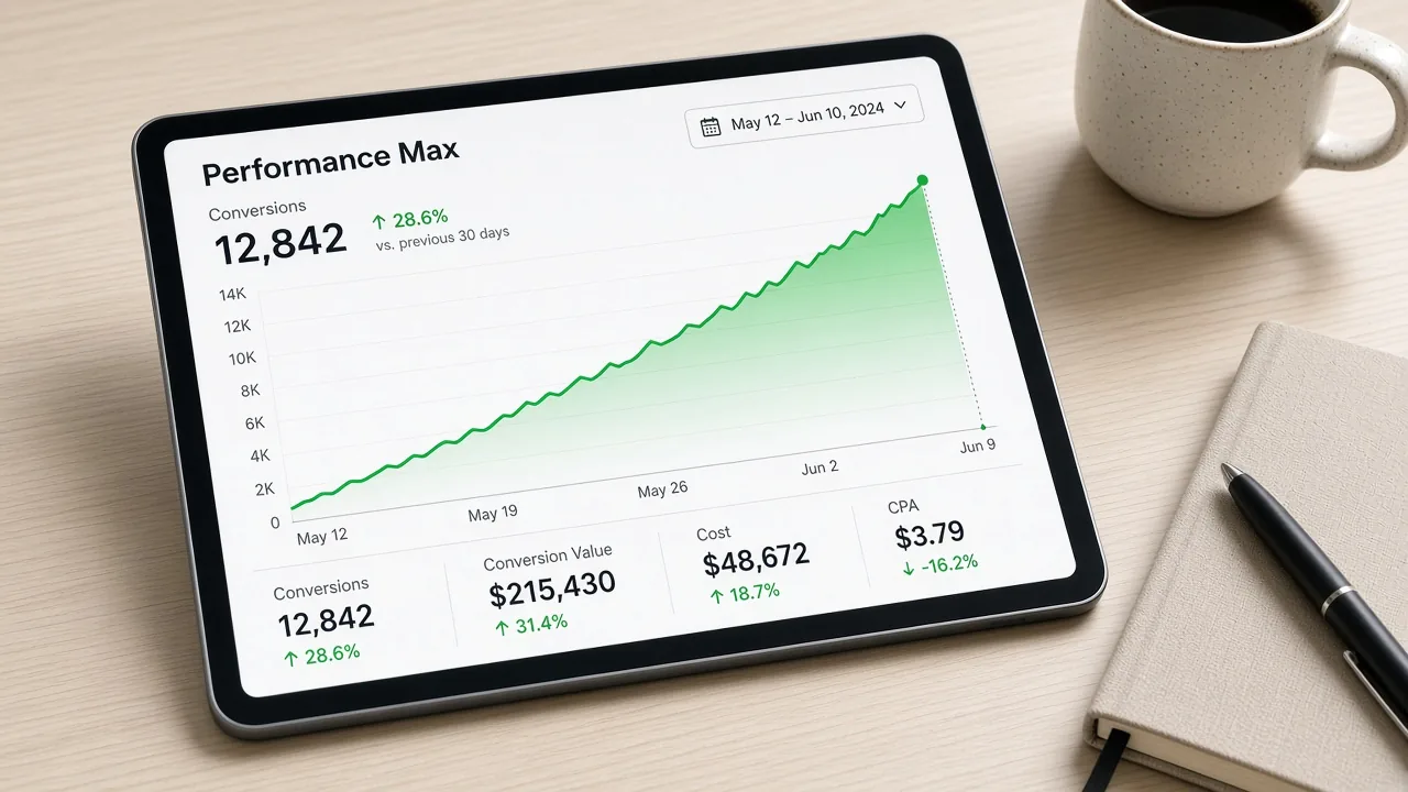Tablet showing rising Performance Max conversion trend