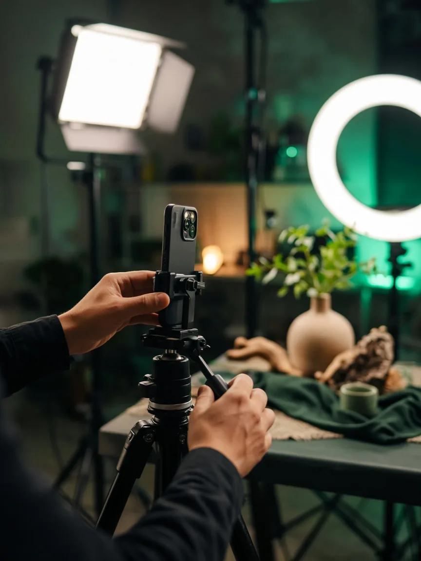 Behind the scenes Reel: creator setting up a phone on a tripod with studio lighting