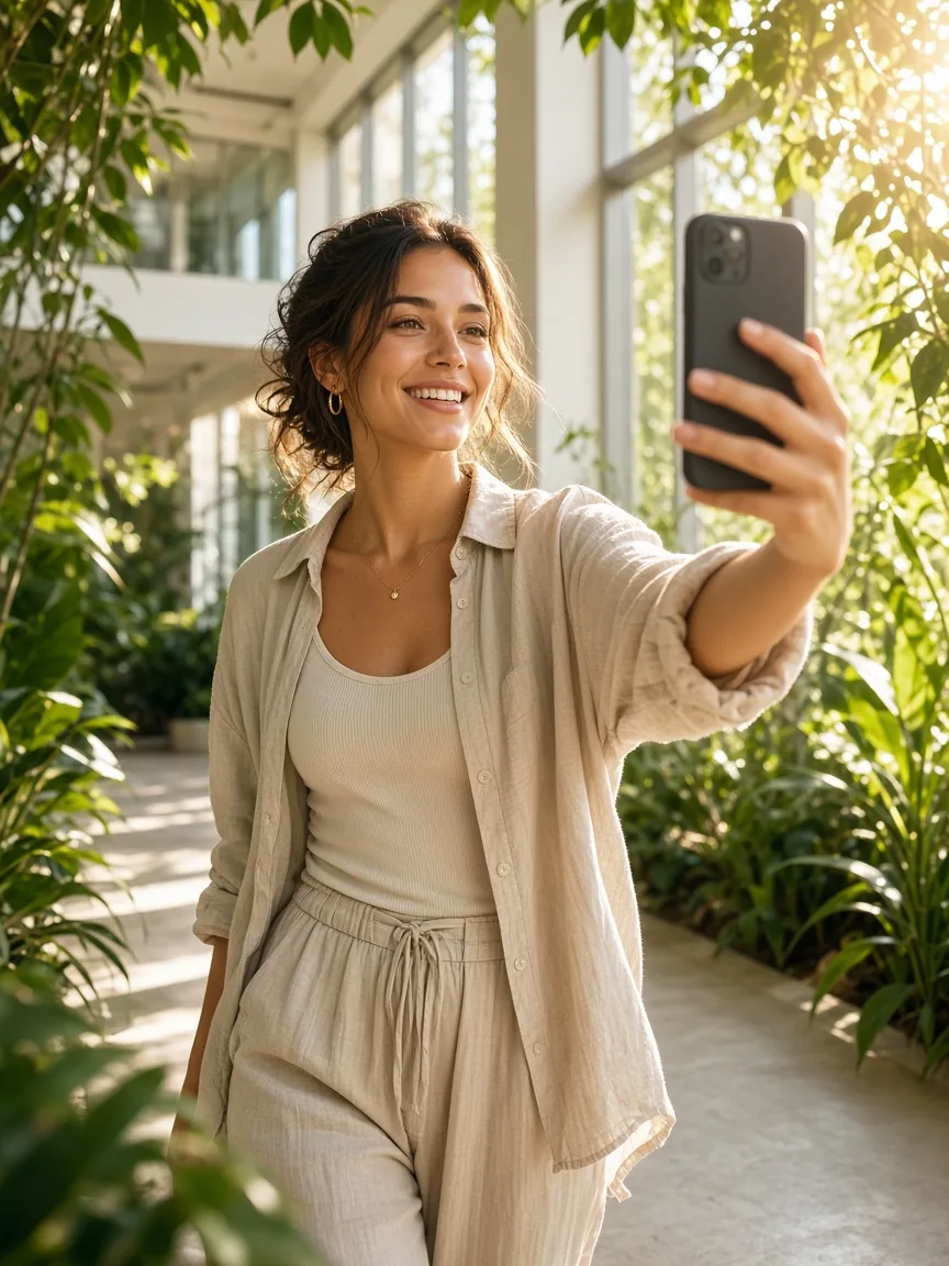 Lifestyle Reel: woman filming herself on a phone in a bright plant-filled space