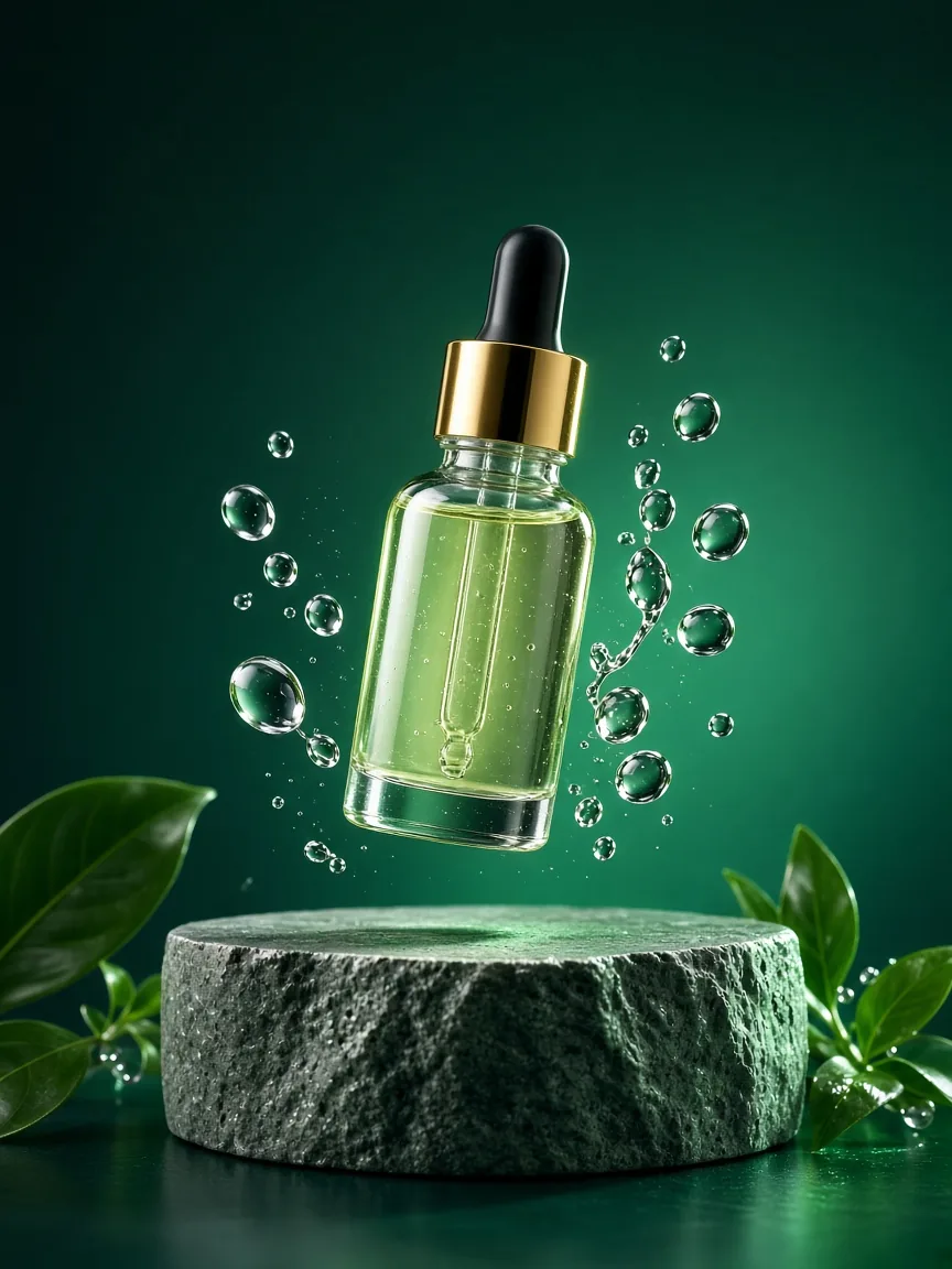 Product showcase Reel: cosmetic serum bottle on a stone pedestal with water droplets