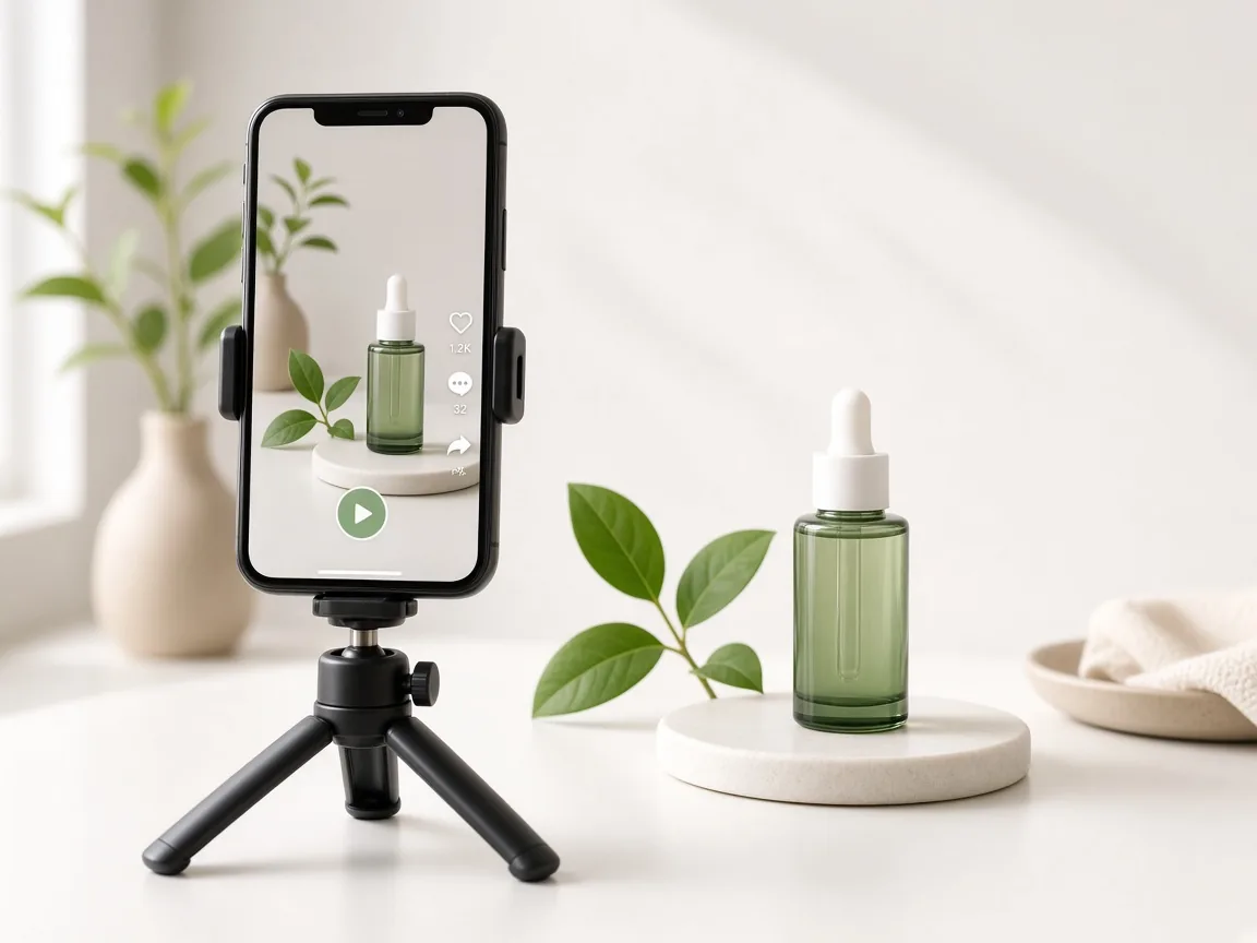 Smartphone on a tripod filming a vertical Reels video of a skincare product, with social engagement icons on screen