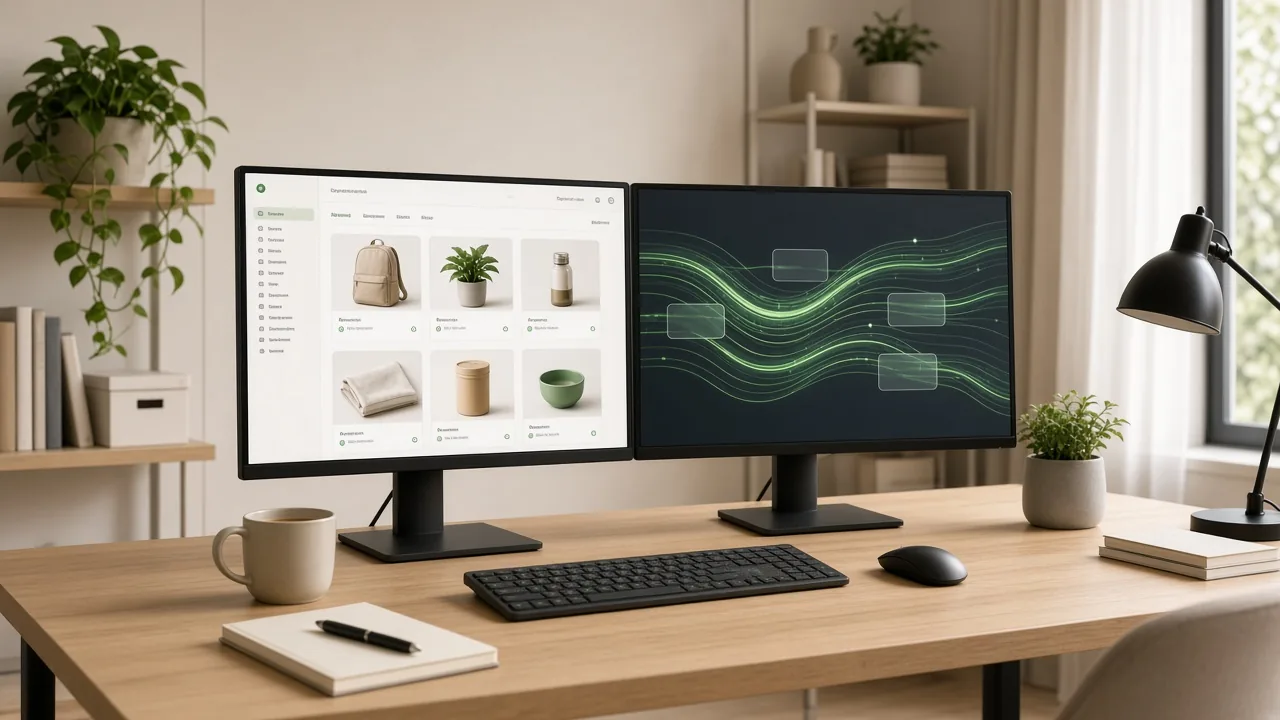 Product feed sync dashboards on dual monitors in an ecommerce operations workspace