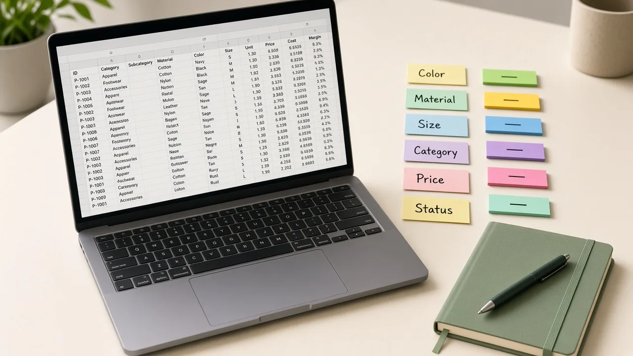 Attribute mapping workspace with product data columns on a laptop