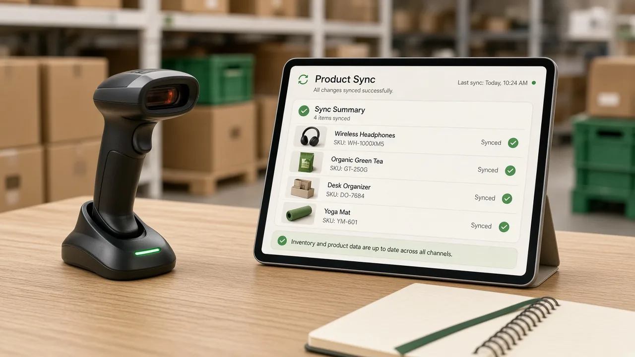 Barcode scanner and tablet showing product inventory sync status