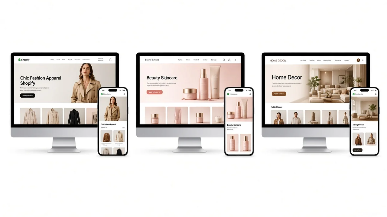 Three Shopify store mockups for fashion, beauty, and home decor