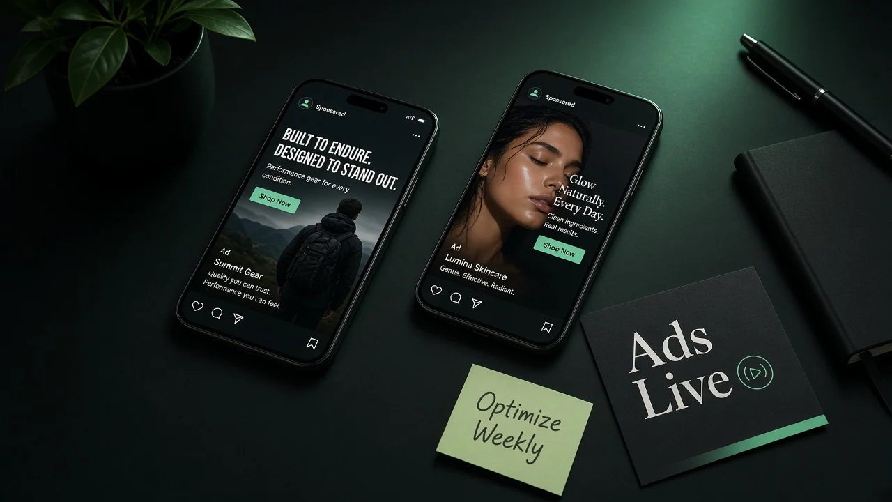 Dark desk with phones showing sponsored ads and an Ads Live brand card