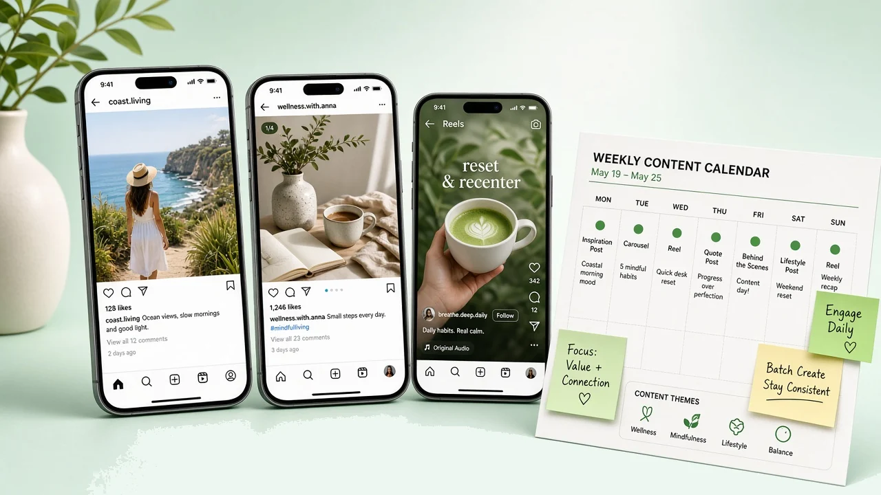Phones showing social feeds beside a weekly content calendar and sticky notes