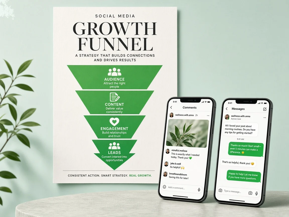 Printed growth funnel poster showing audience, content, engagement, and leads