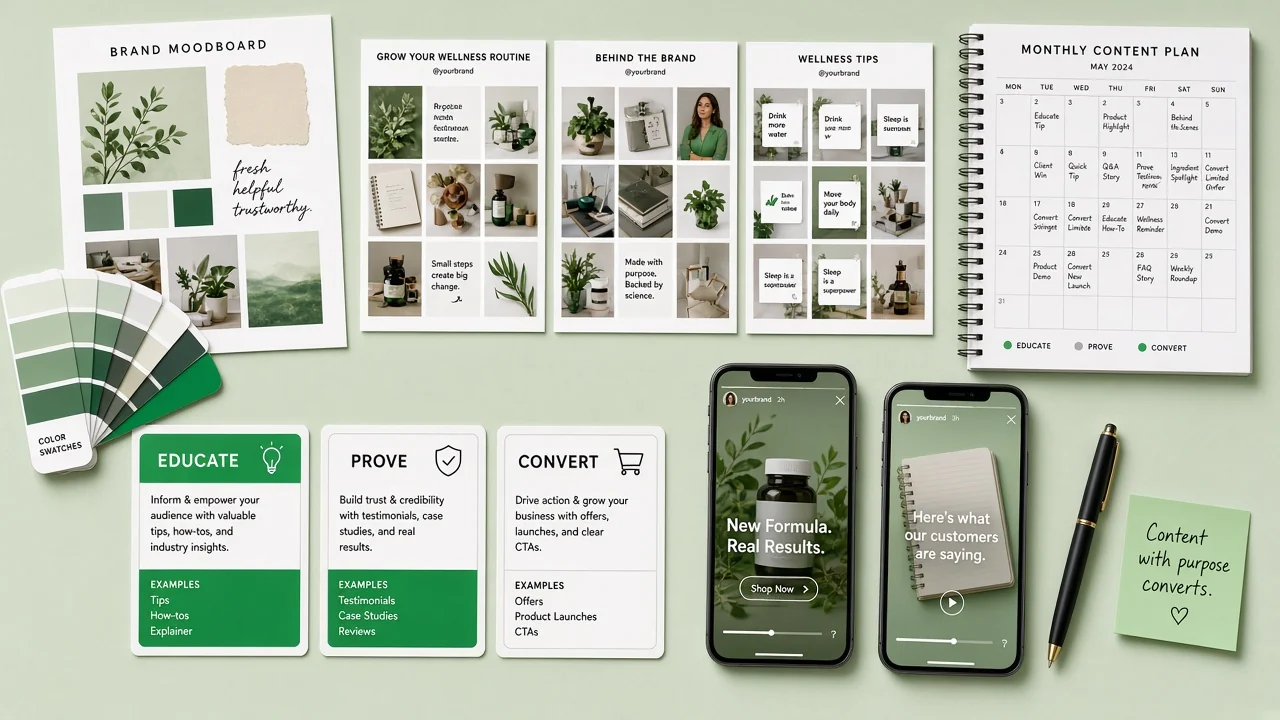 Moodboard desk with printed social posts, color swatches, and content pillar notes