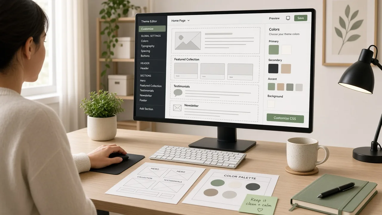 Designer reviewing Shopify theme and store health on a desktop monitor