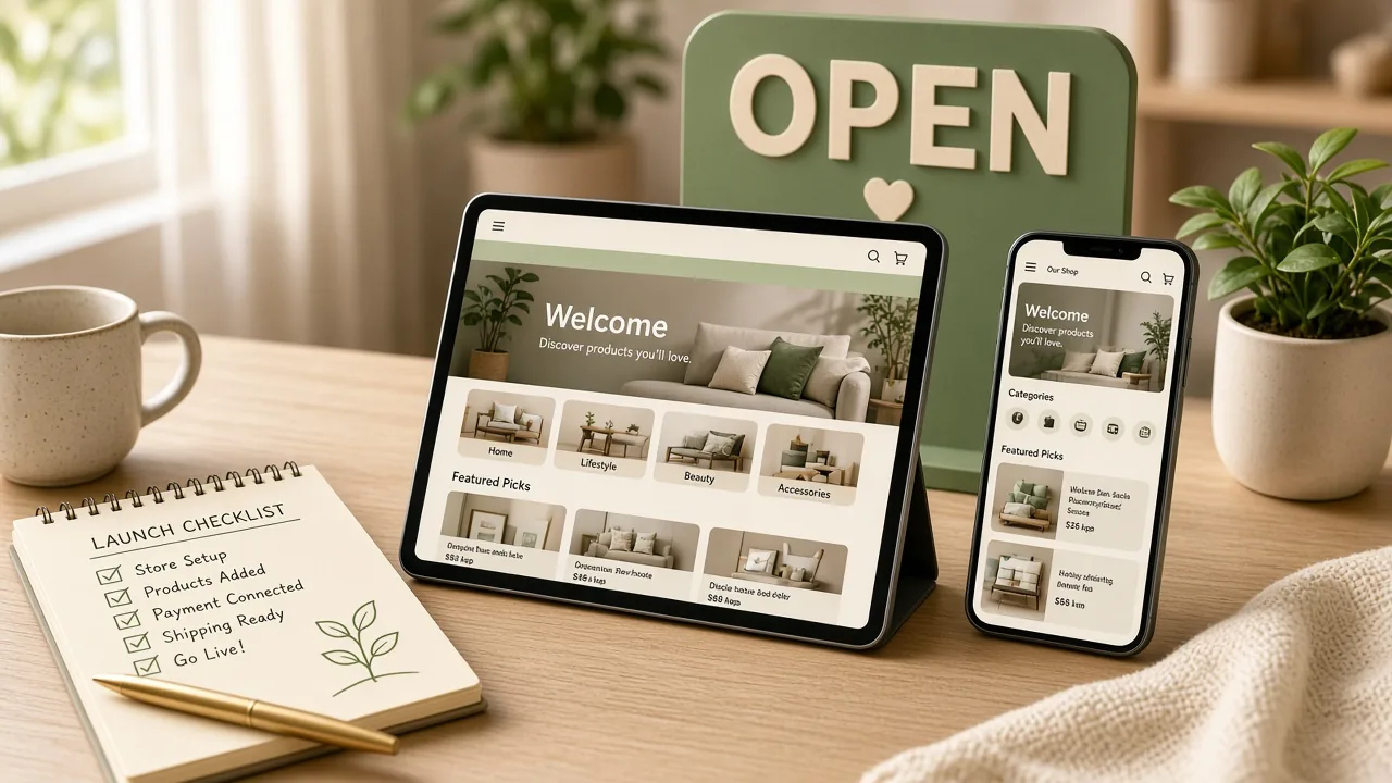 Launch checklist with tablet and phone showing the live storefront