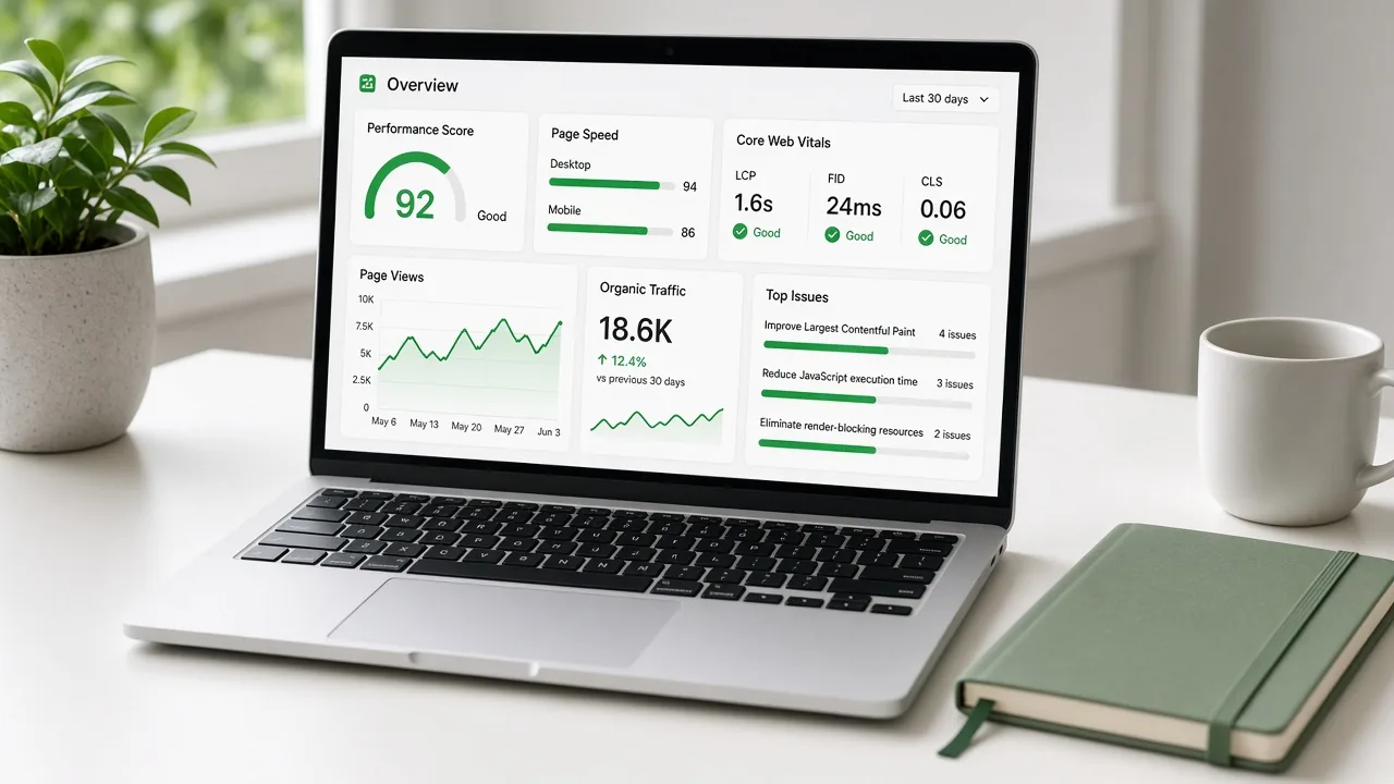 Technical SEO dashboard showing site performance and crawl health