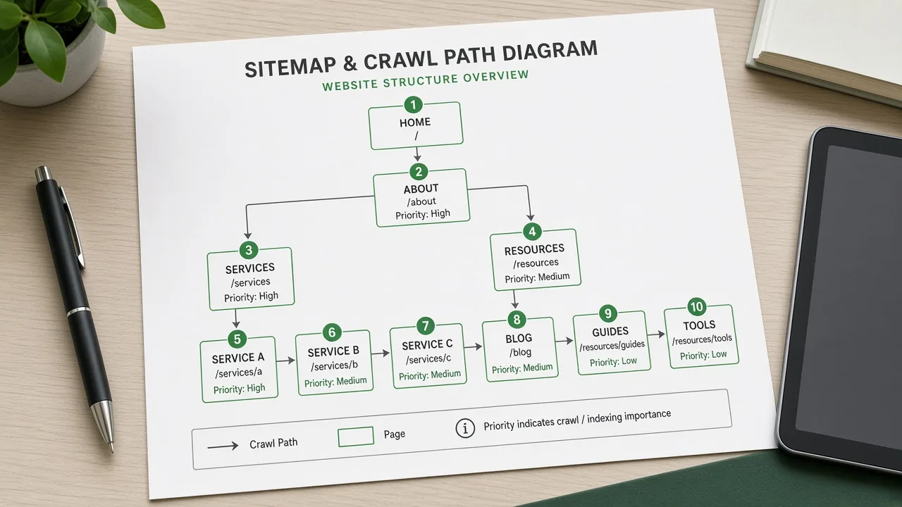 Printed crawl path sitemap diagram used in a technical SEO audit