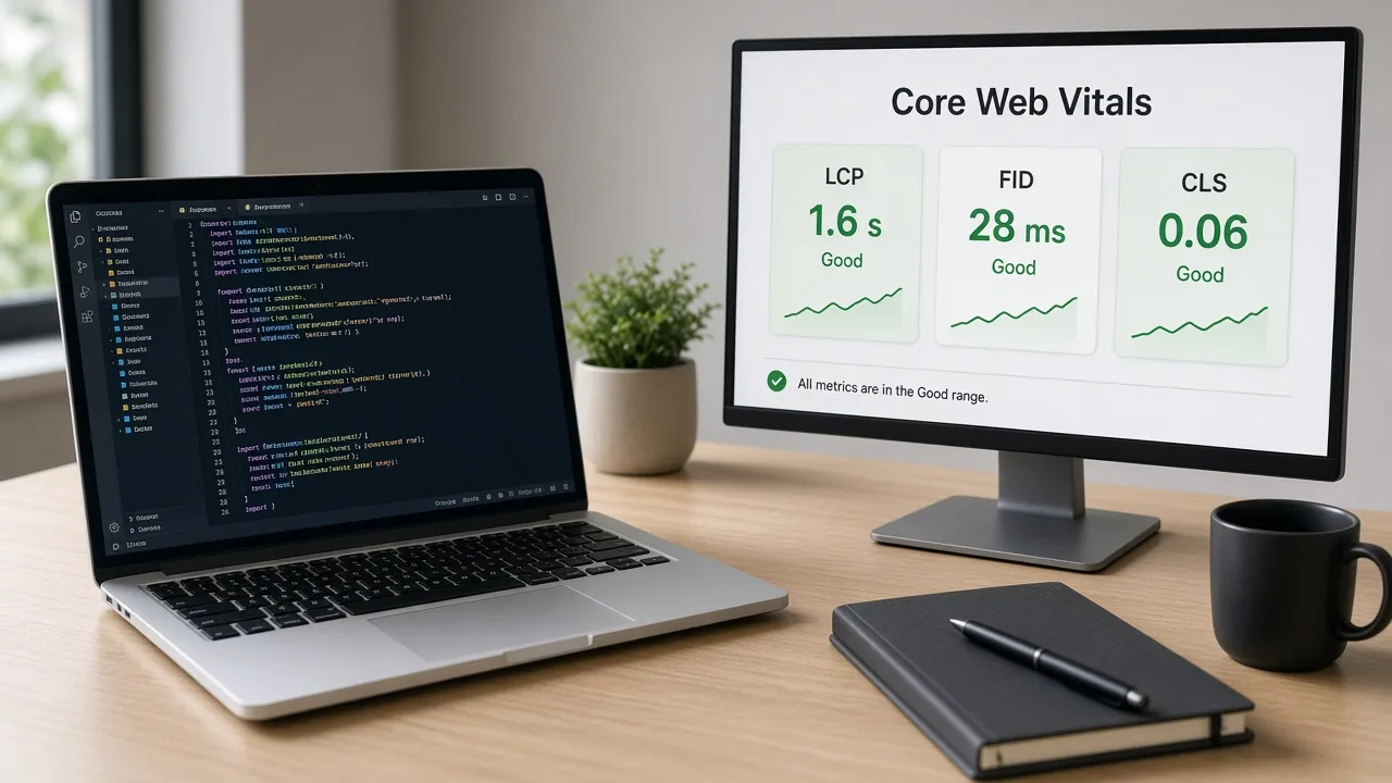Laptop and monitor showing Core Web Vitals style performance scores