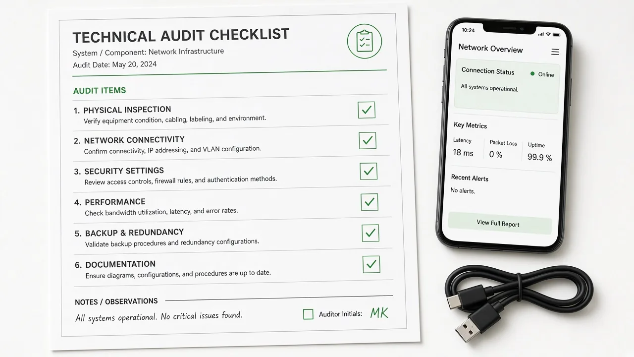 Technical SEO audit checklist with green checkmarks on a desk
