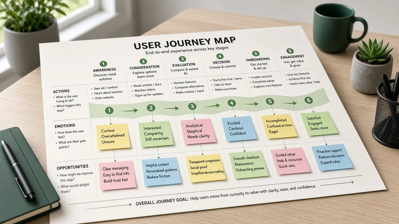 Printed user journey map with numbered funnel steps