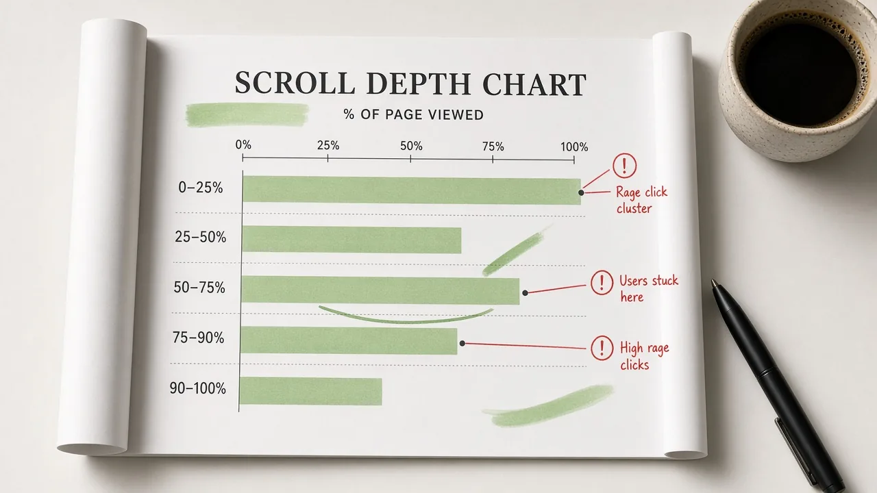 Scroll-depth chart and behavior analysis notes on a desk