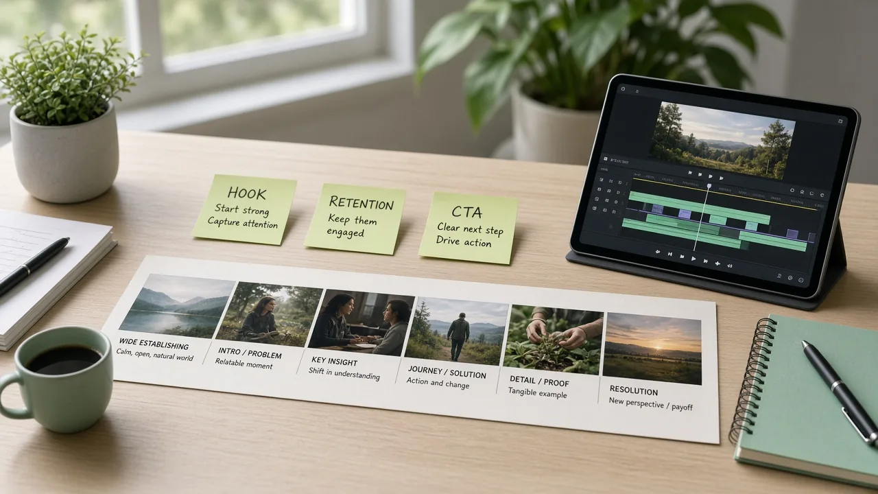 Video strategy desk with storyboard frames and planning notes