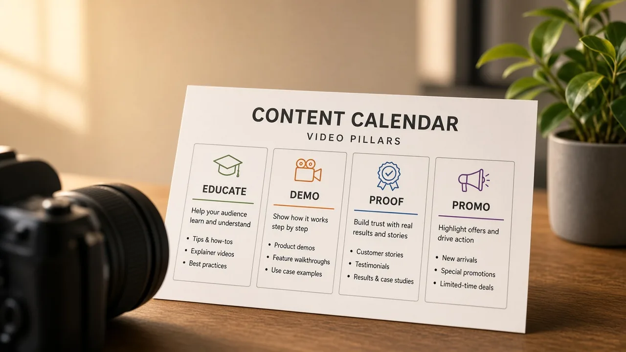 Video pillar cards for educate, demo, proof, and promo