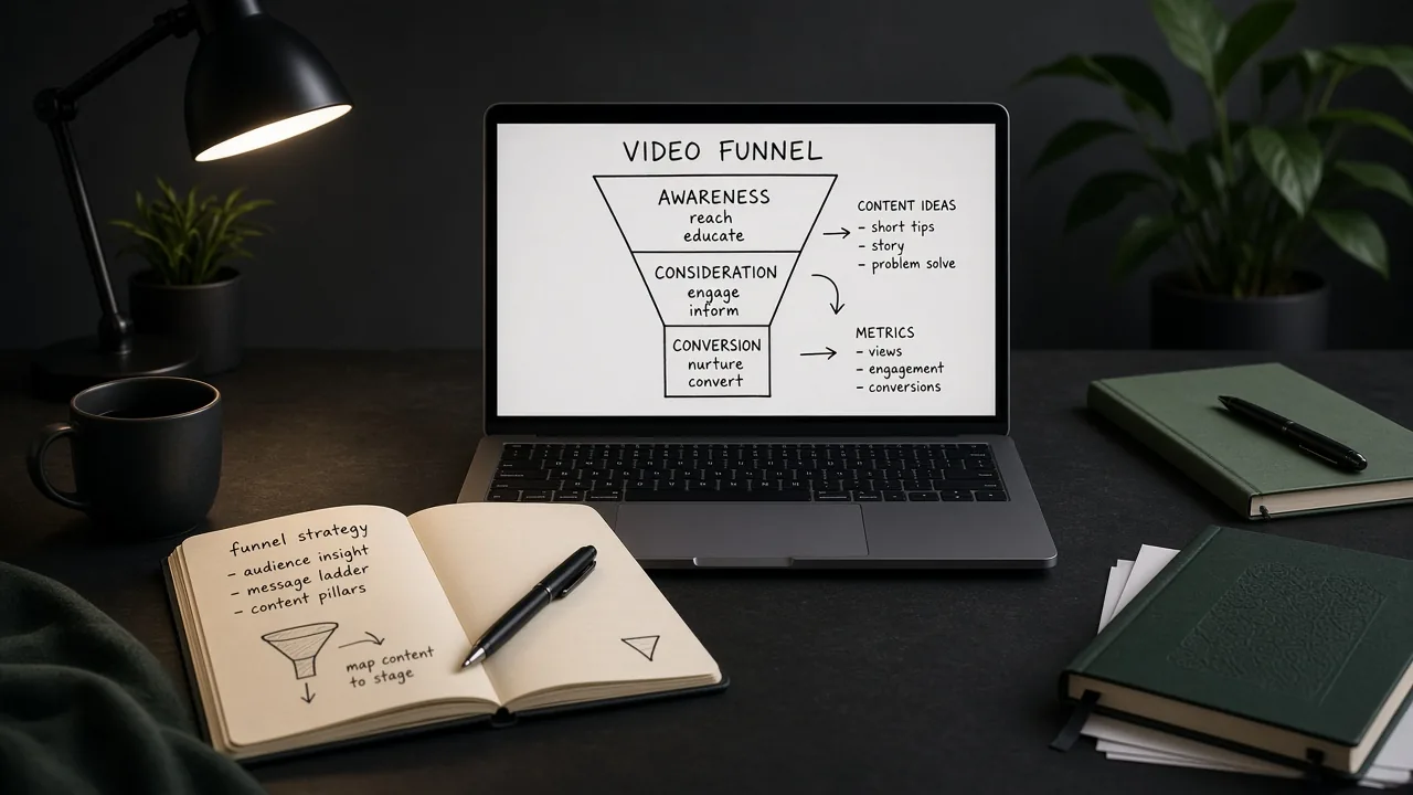 Laptop showing a video funnel sketch from awareness to conversion