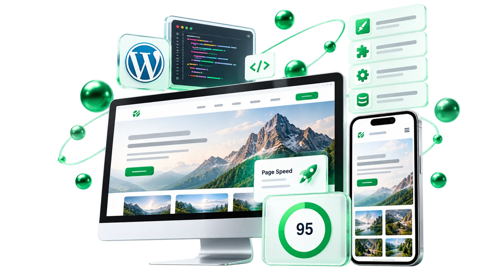 WordPress development visual showing desktop and mobile website builds with performance metrics