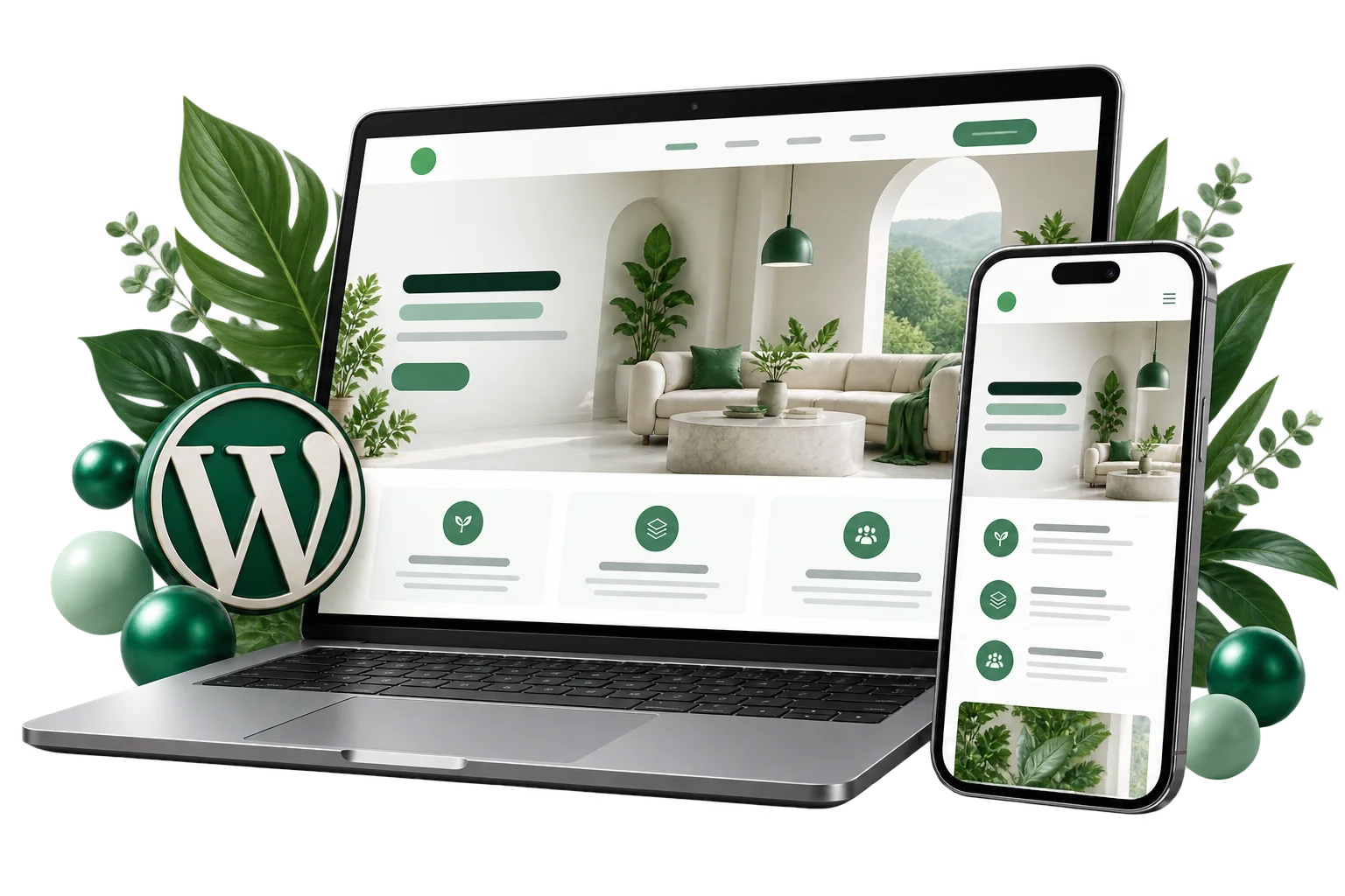 Laptop and smartphone showing a responsive WordPress website with WordPress branding