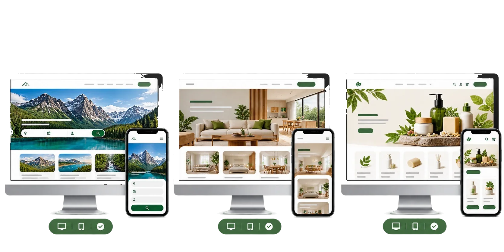 Three WordPress project mockups for travel, interior, and ecommerce websites on desktop and mobile