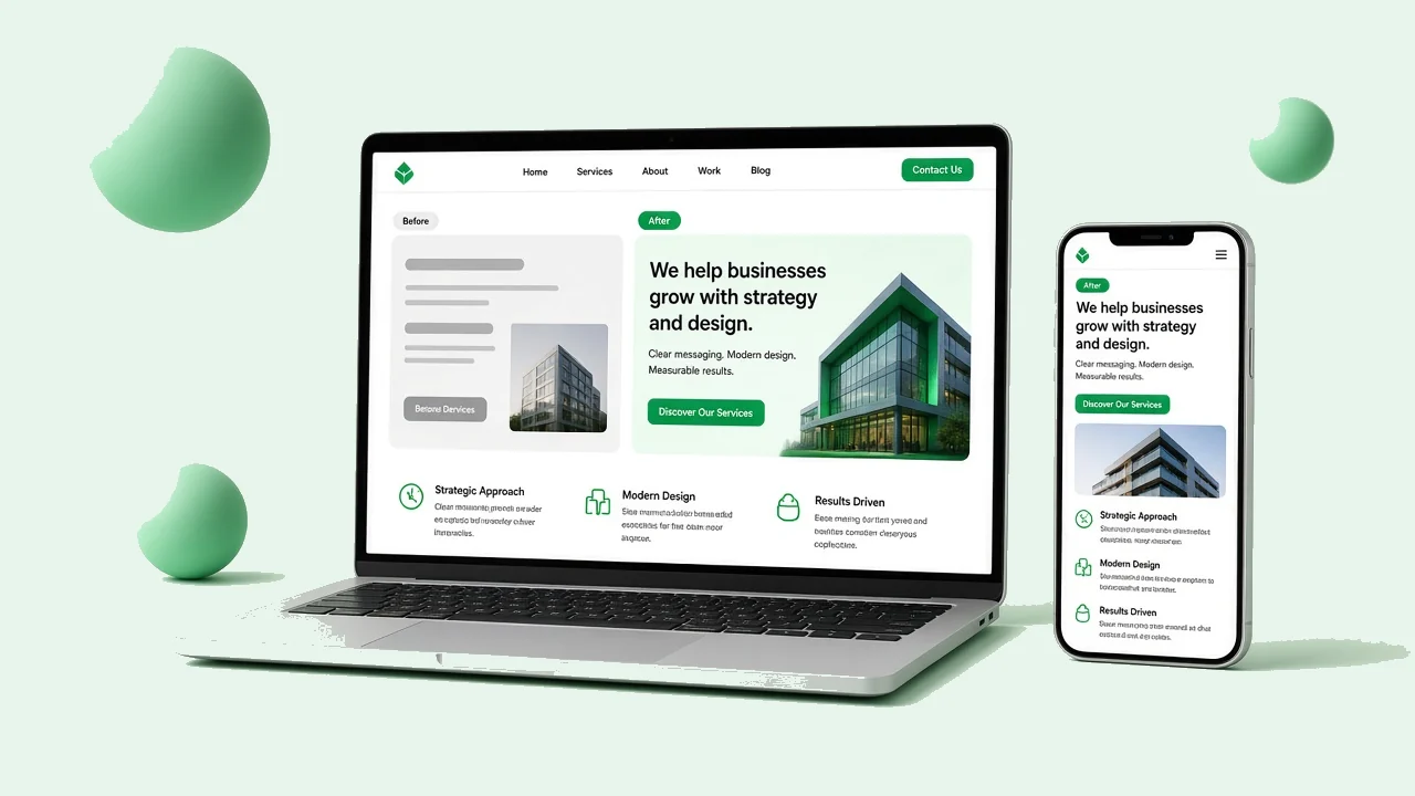 Marketing website redesign workspace focused on clear layout and conversion paths