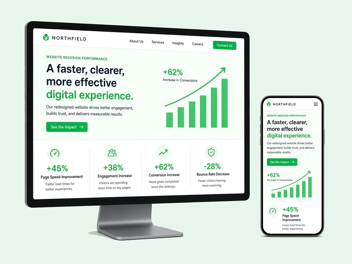 Monitor and phone showing a modern redesigned business website