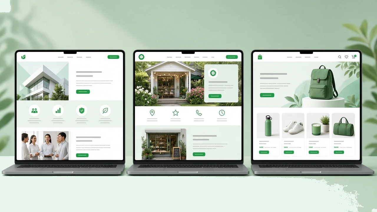 Website redesign mockups for professional services, local business, and ecommerce